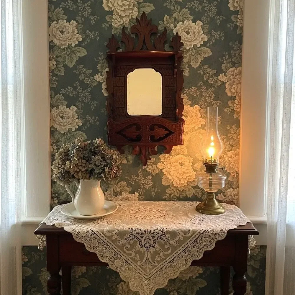 Antique Victorian Eastlake Wall Mirror Pocket Shelf-Carved Walnut-Gothic Hall